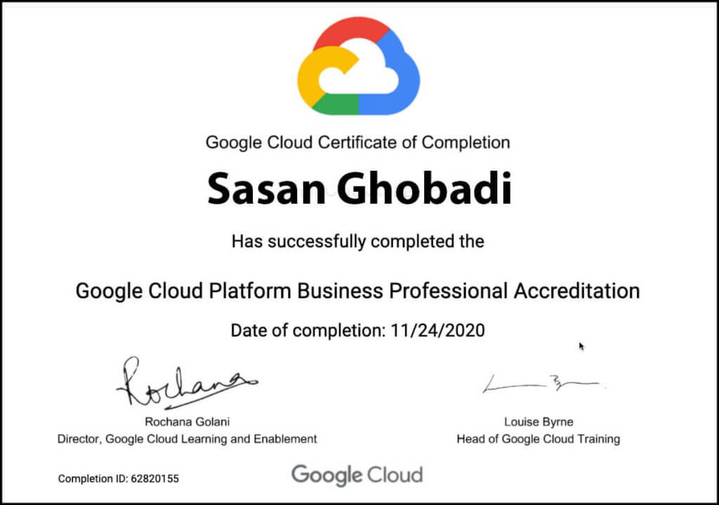 google cloud certificate ، جوایز و افتخارات ساسان قبادی ، مهندس ساسان قبادی مدیرعامل شرکت طراحی سایت گوگل و بنیان گذار چندین برند موفق در زمینه برنامه نویسی و دیجیتال مارکتینگ ...